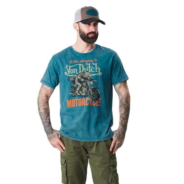 homme Von dutch homme tee shirt logo et acid wash bleu